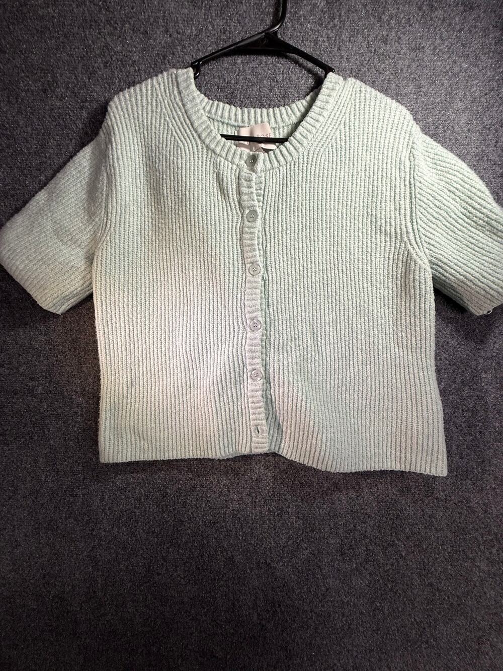 Pink Rose Women's Sage Green Ribbed Knit Short Sleeve Cardigan Sweater Size L